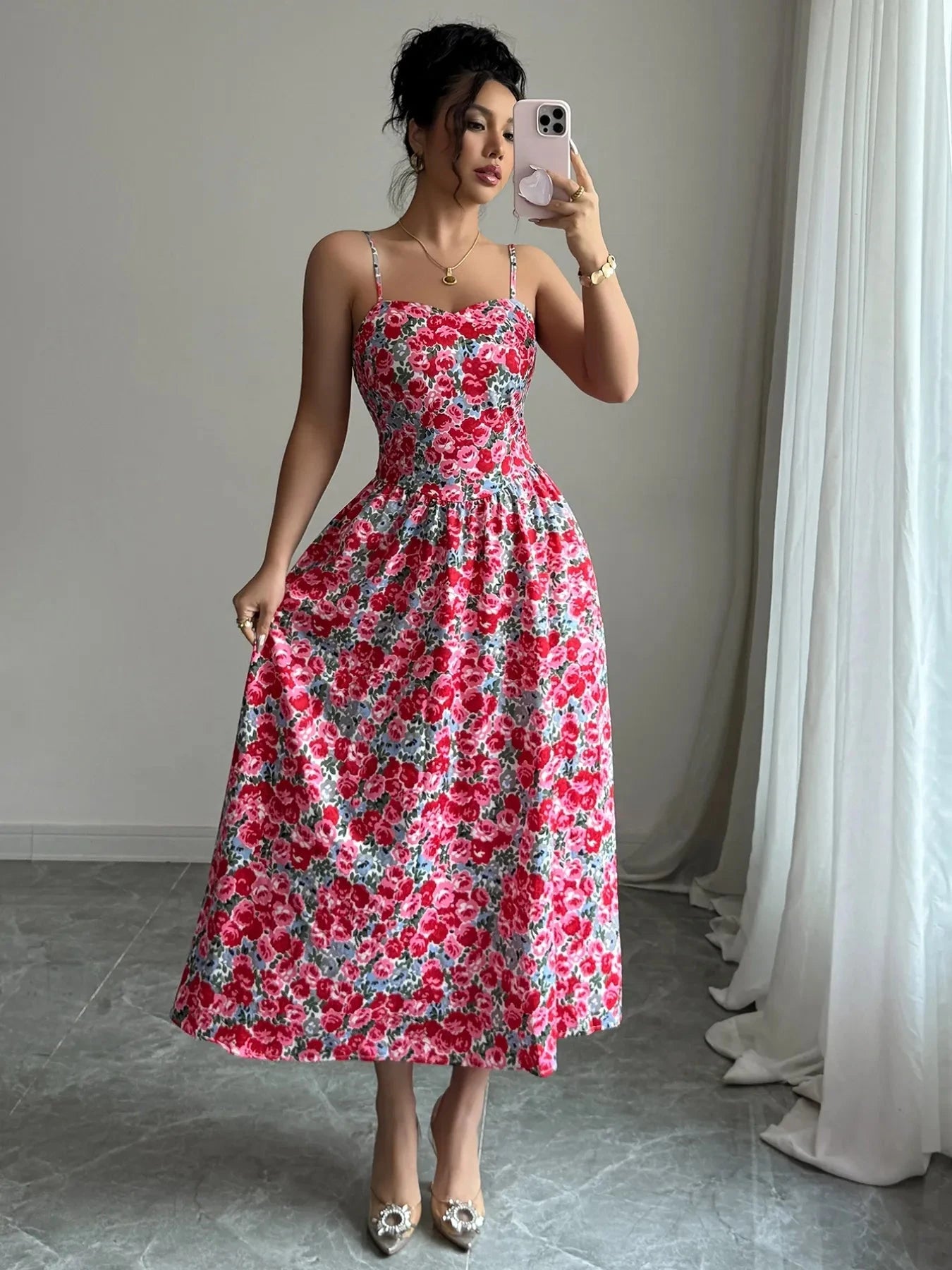 Floral Print Sweetheart Neck Cami Dress