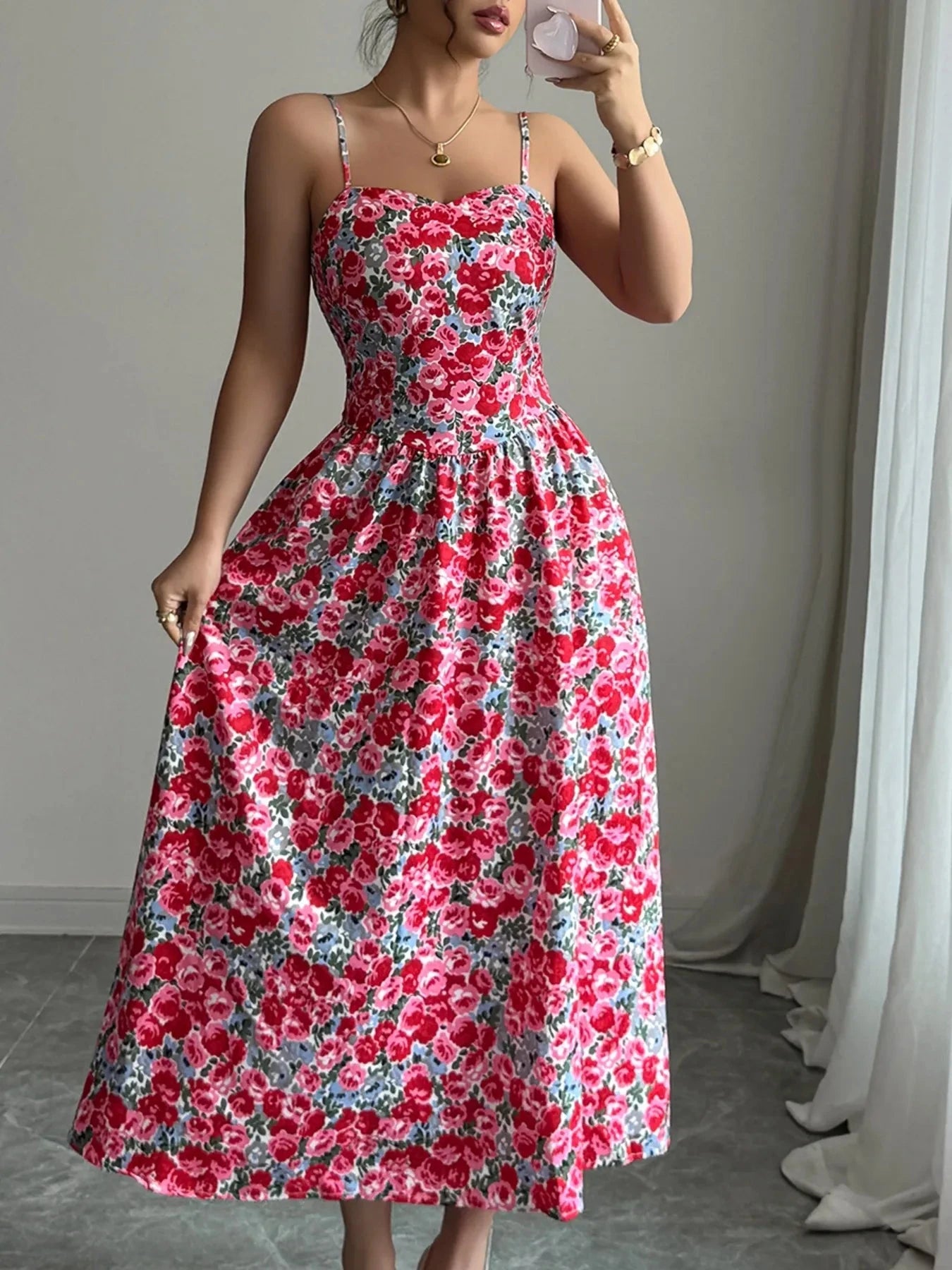 Floral Print Sweetheart Neck Cami Dress