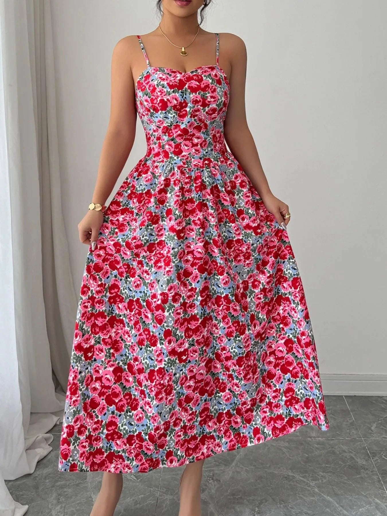 Floral Print Sweetheart Neck Cami Dress Fuchsia Pink / S