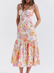 Floral Print Sweetheart Neck Midi Dress