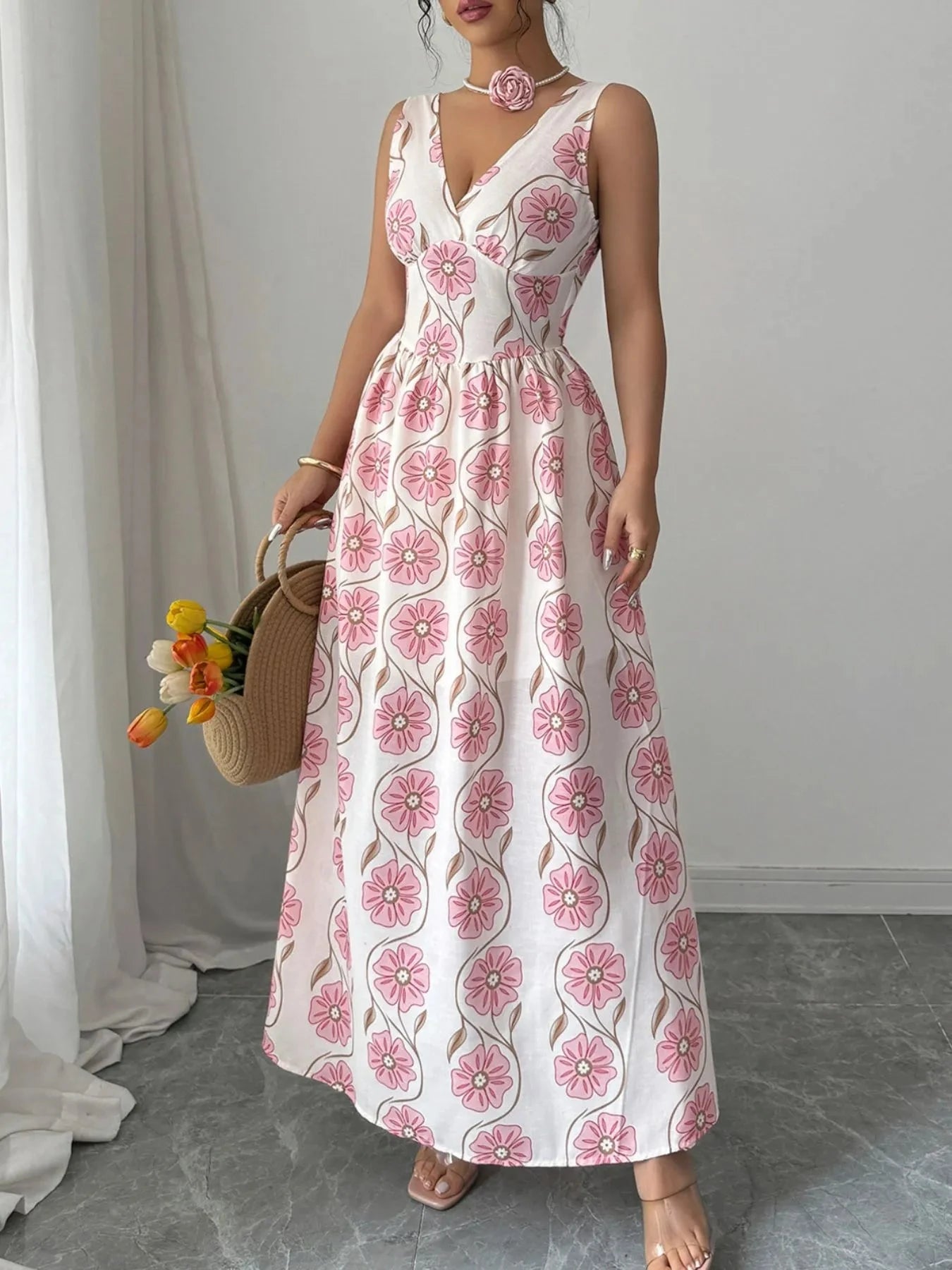 Floral Print Tie Back Maxi Dress