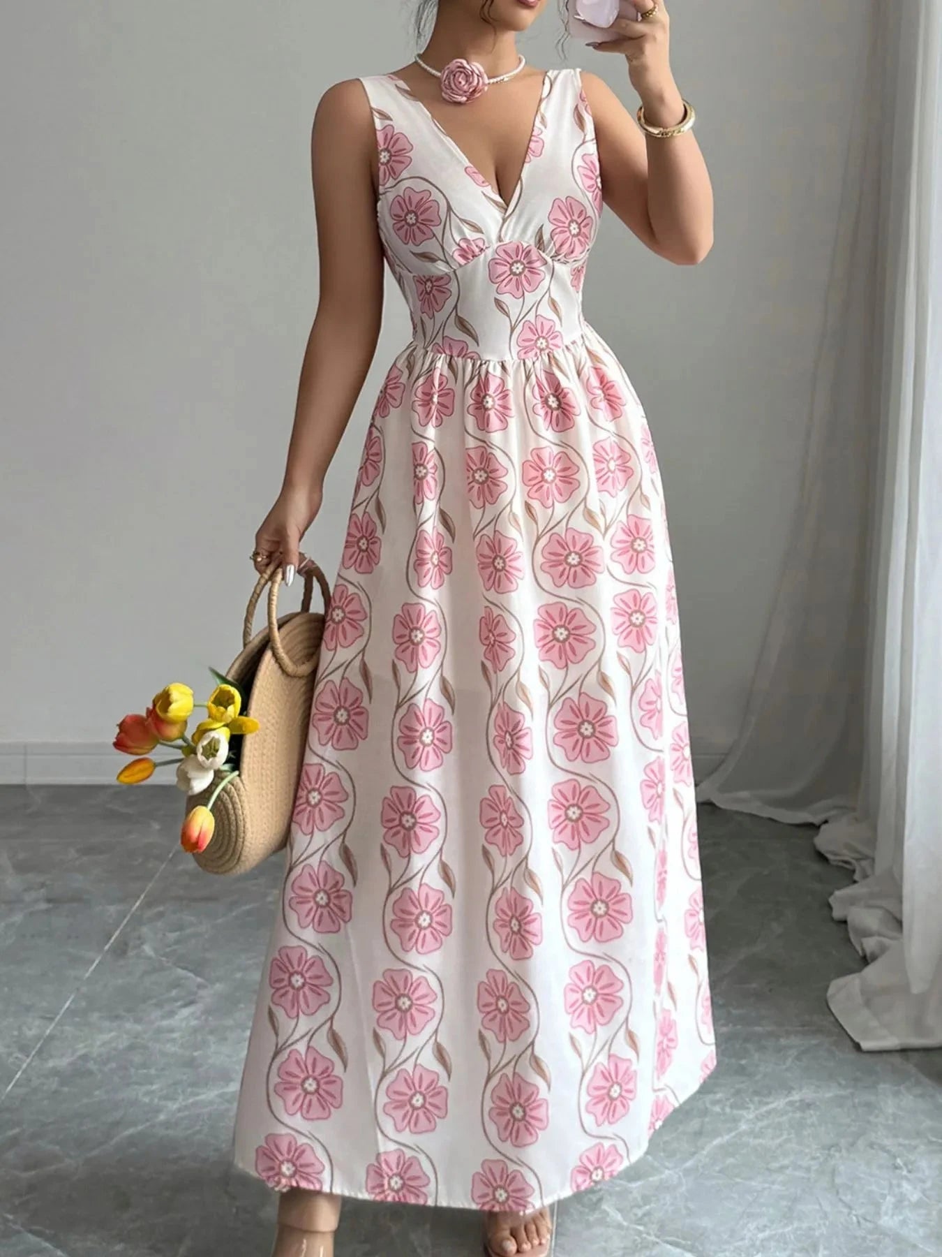 Floral Print Tie Back Maxi Dress Blush Pink / S