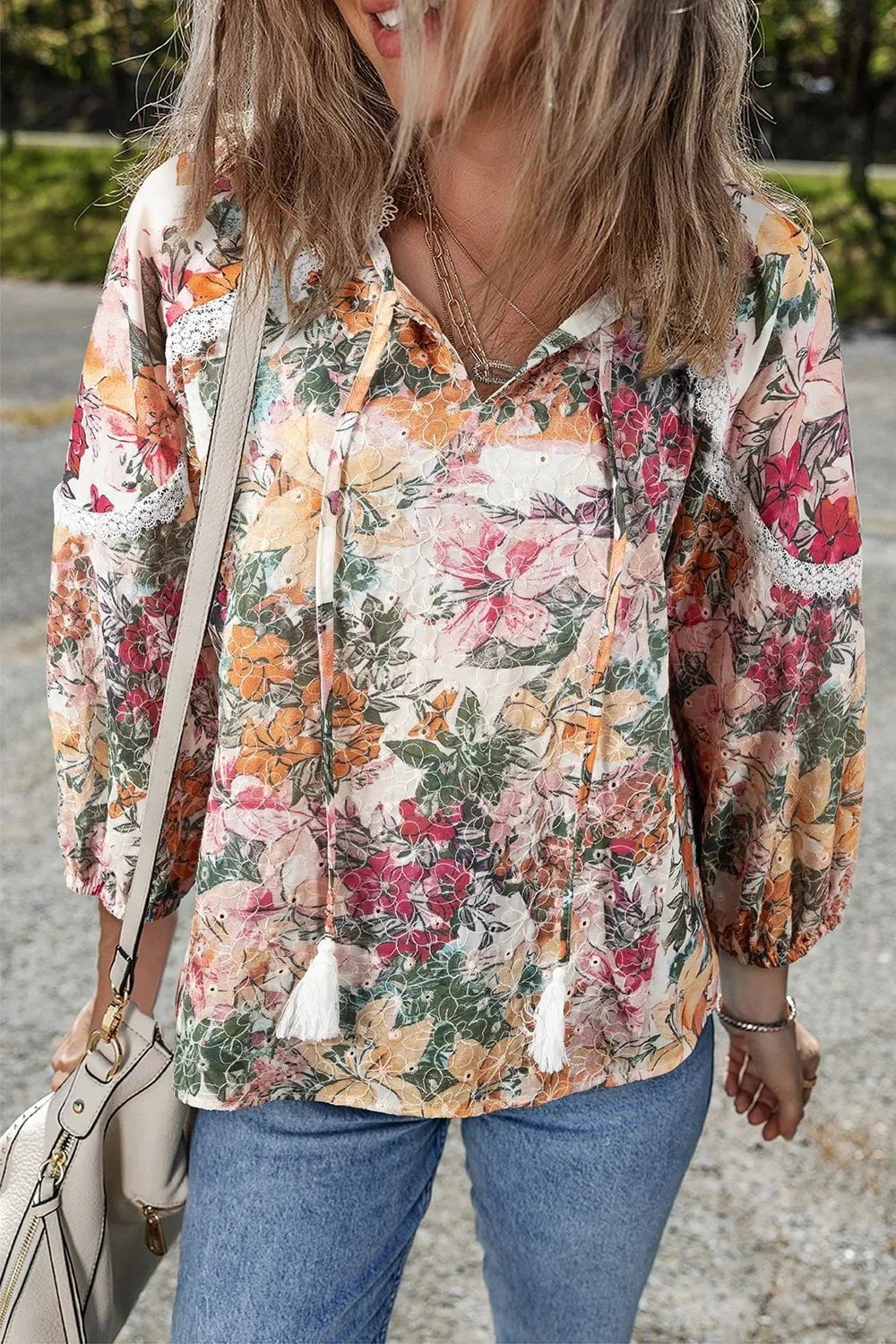 Floral Print Tie Neck Blouse