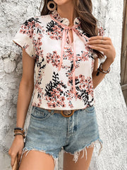 Floral Print Tie Neck Short Sleeve Blouse
