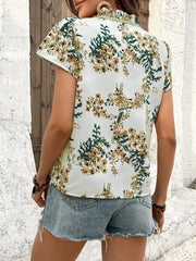 Floral Print Tie Neck Short Sleeve Blouse