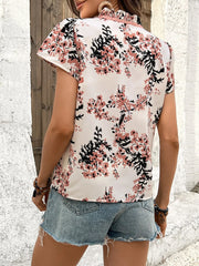 Floral Print Tie Neck Short Sleeve Blouse
