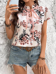 Floral Print Tie Neck Short Sleeve Blouse