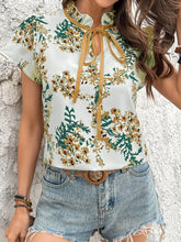 Floral Print Tie Neck Short Sleeve Blouse