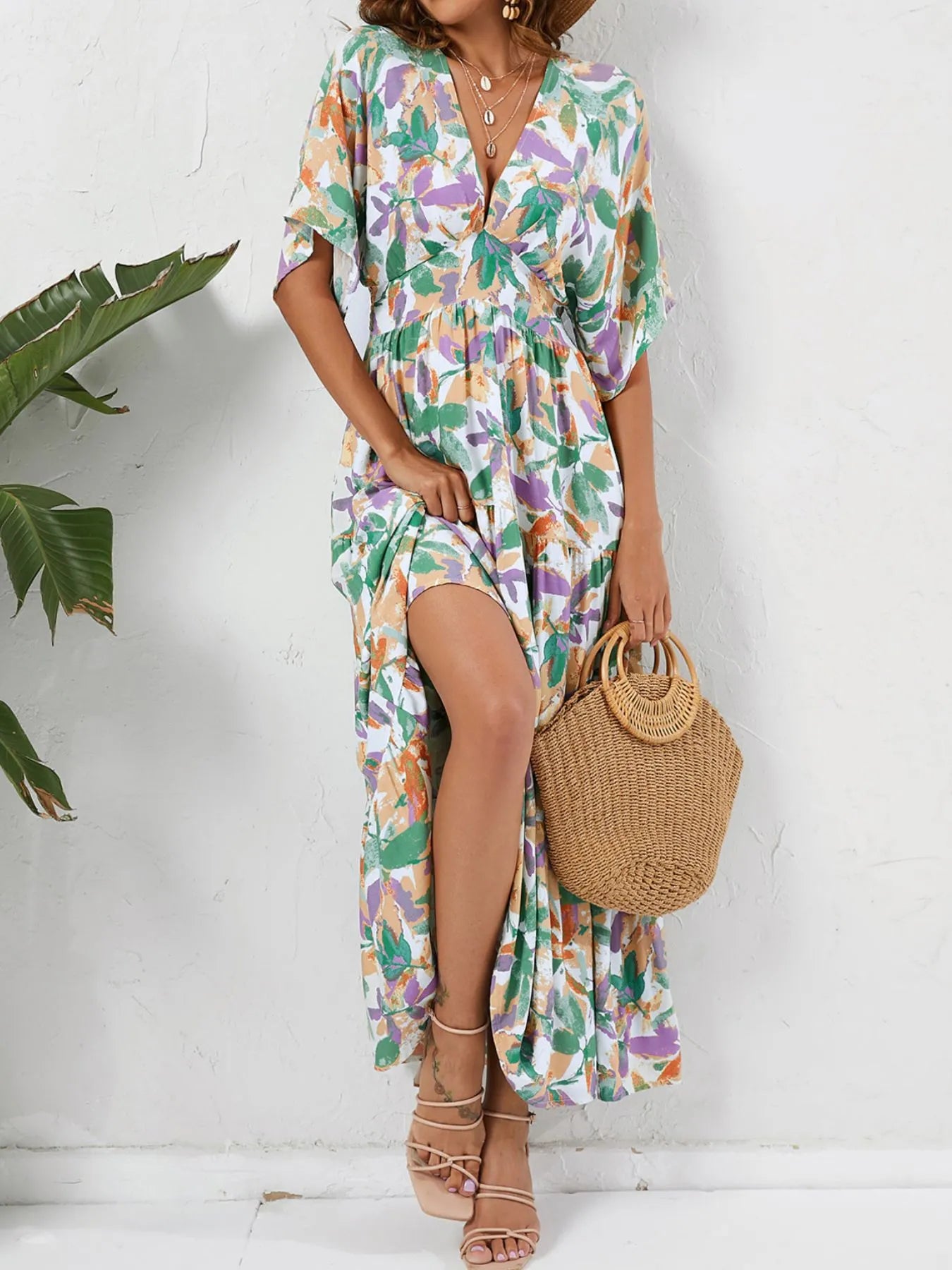 Floral Print V-neck Boho Midi Dress