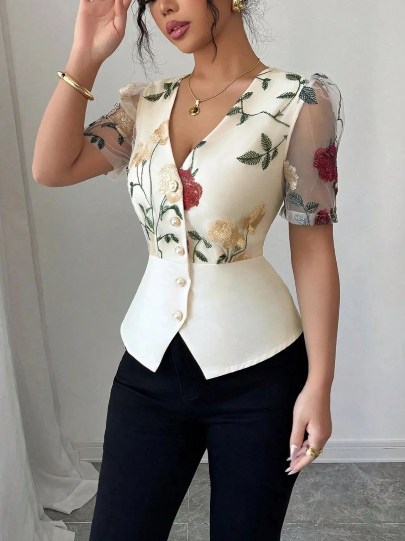 Floral Print V-Neck Button-Up Shirt