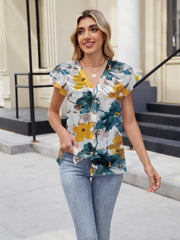 Floral Print V-Neck Cap Sleeve Casual Summer Blouse