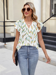Floral Print V-Neck Cap Sleeve Casual Summer Blouse