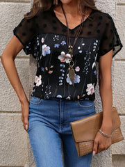 Floral Print V-Neck Flutter Sleeve Casual Top