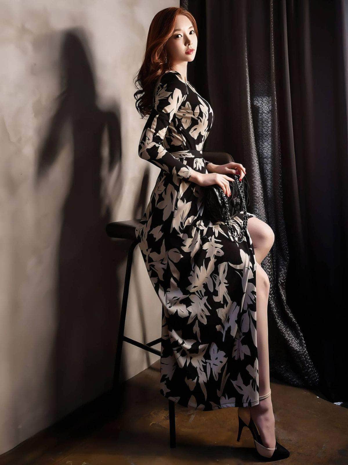 Floral Print V-Neck Wrap Maxi Dress S / Black