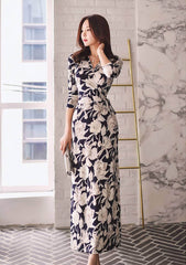 Floral Print V-Neck Wrap Maxi Dress S / Navy