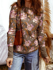 Floral Print Waffle Textured Long Sleeve Top