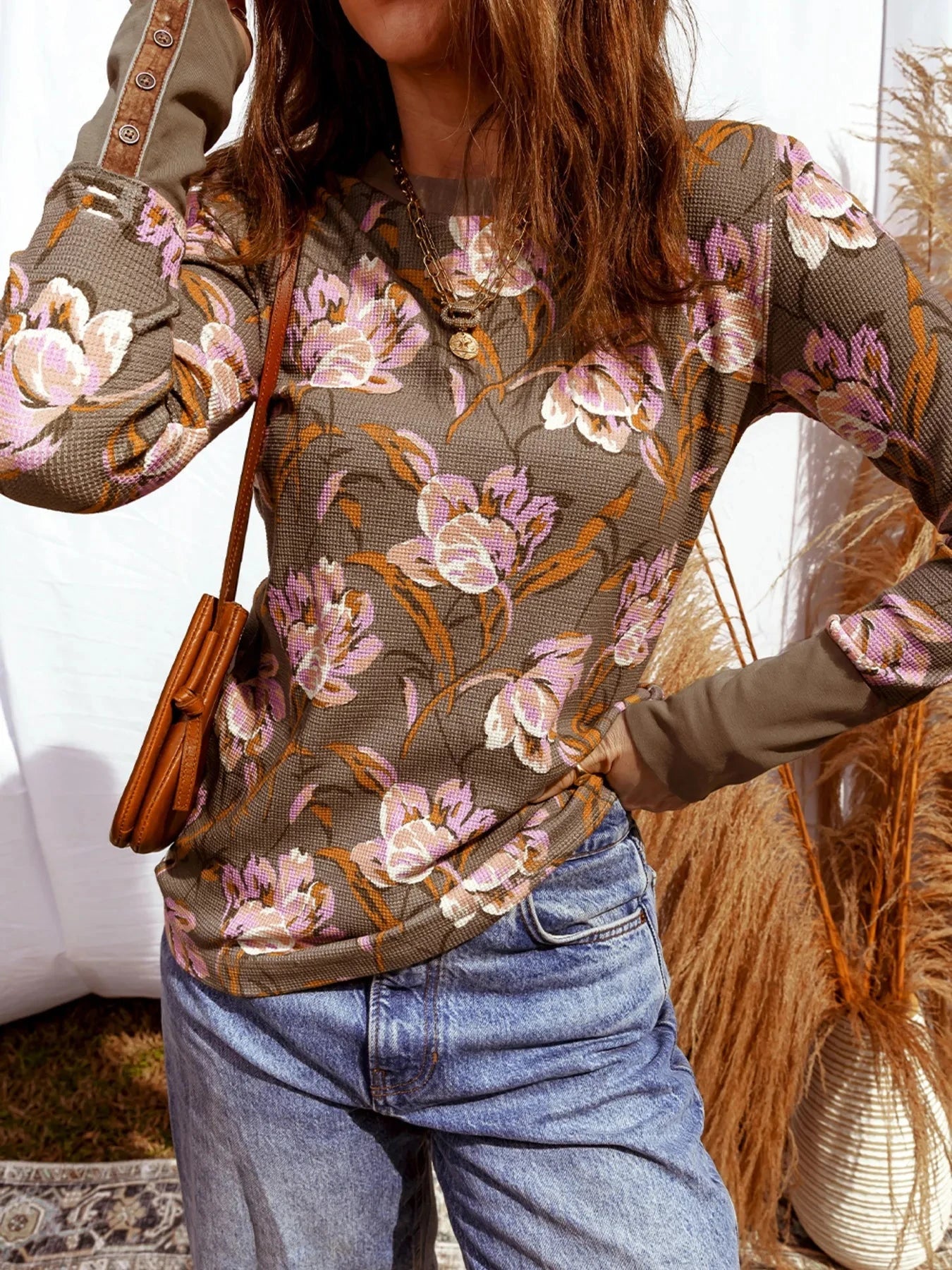 Floral Print Waffle Textured Long Sleeve Top