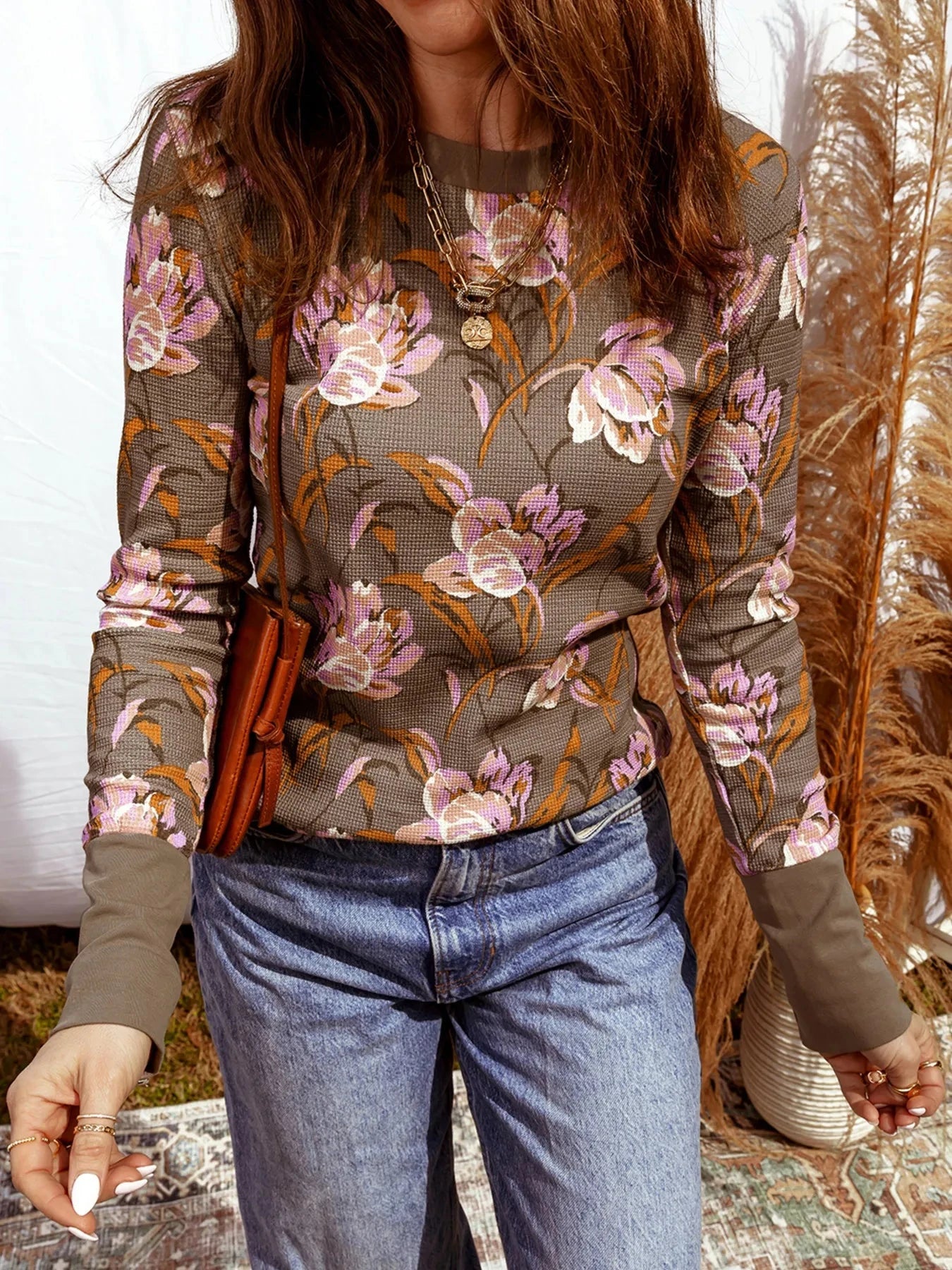 Floral Print Waffle Textured Long Sleeve Top