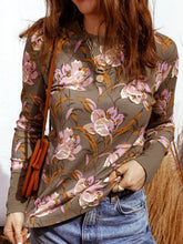 Floral Print Waffle Textured Long Sleeve Top Brown / S