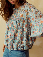 Floral Print Zip Up Cropped Denim Jacket