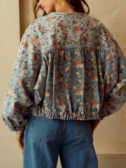 Floral Print Zip Up Cropped Denim Jacket