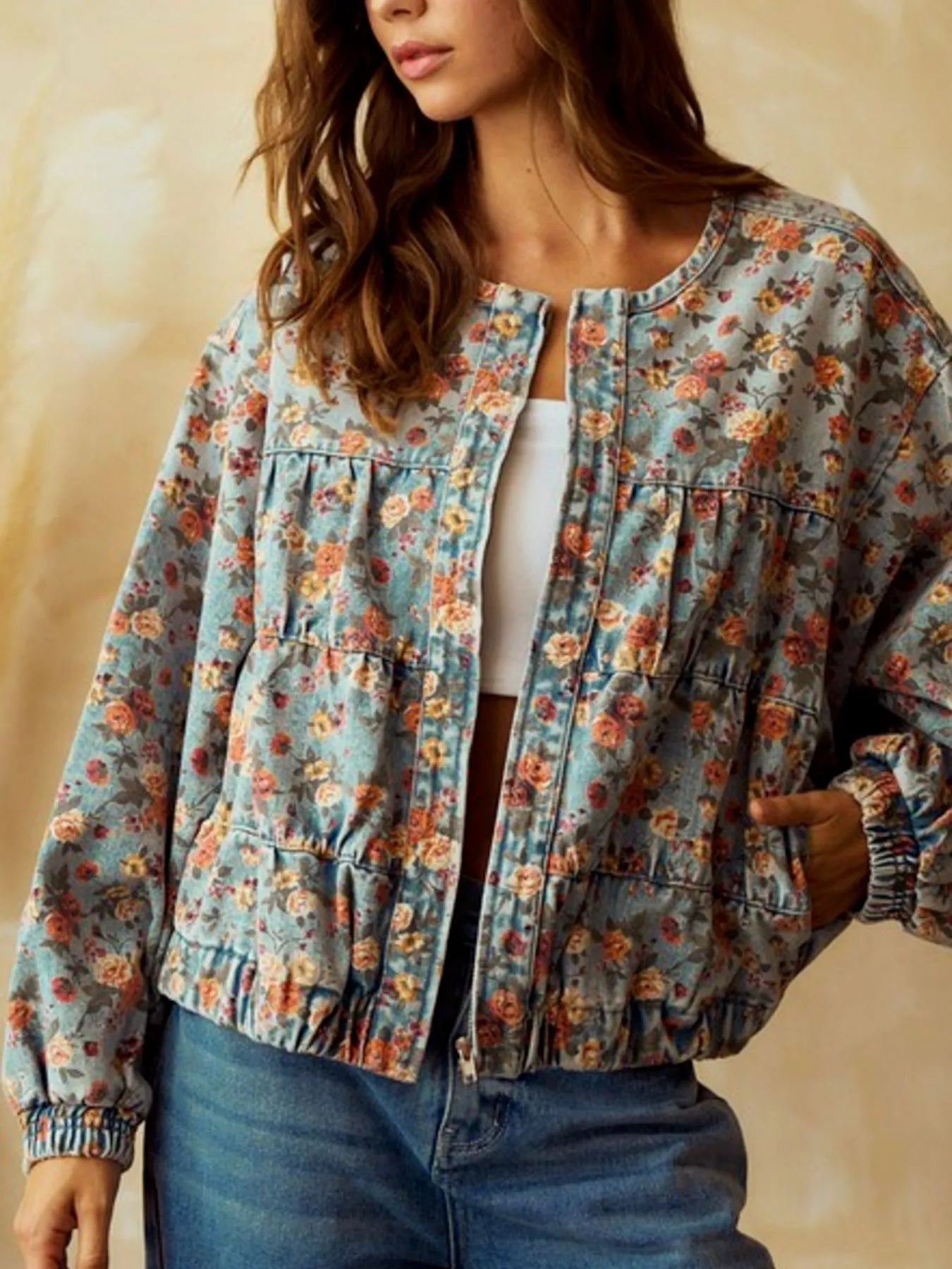 Floral Print Zip Up Cropped Denim Jacket