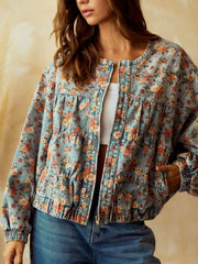 Floral Print Zip Up Cropped Denim Jacket