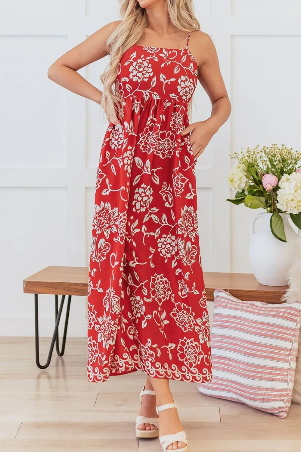 Floral Printed Spaghetti Strap Empire Waist Maxi Dress