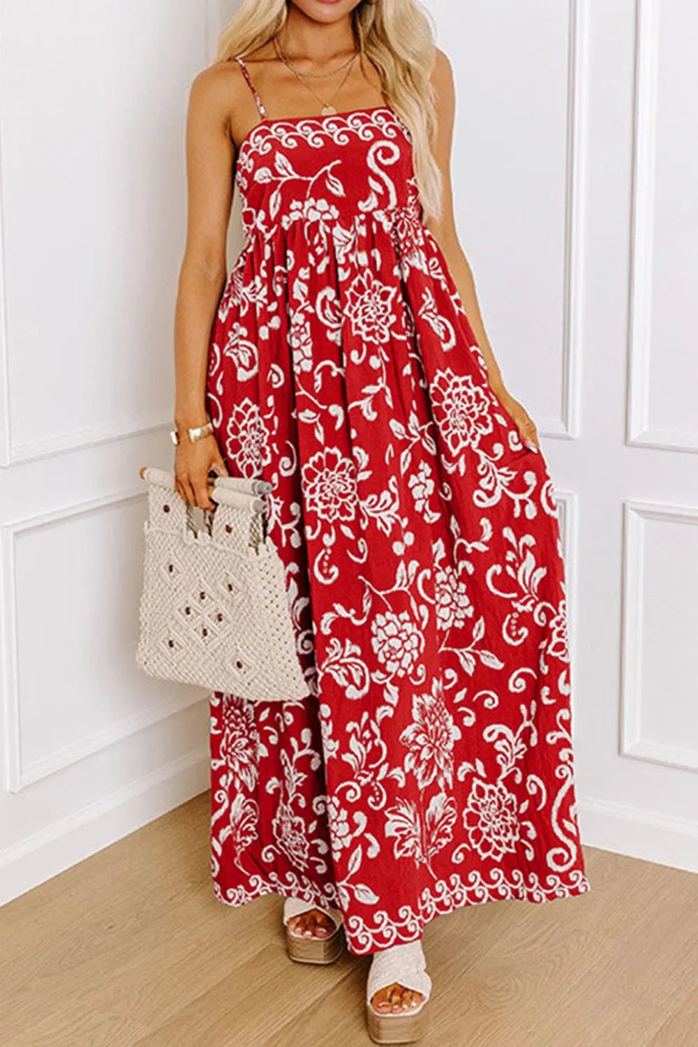 Floral Printed Spaghetti Strap Empire Waist Maxi Dress Red / S