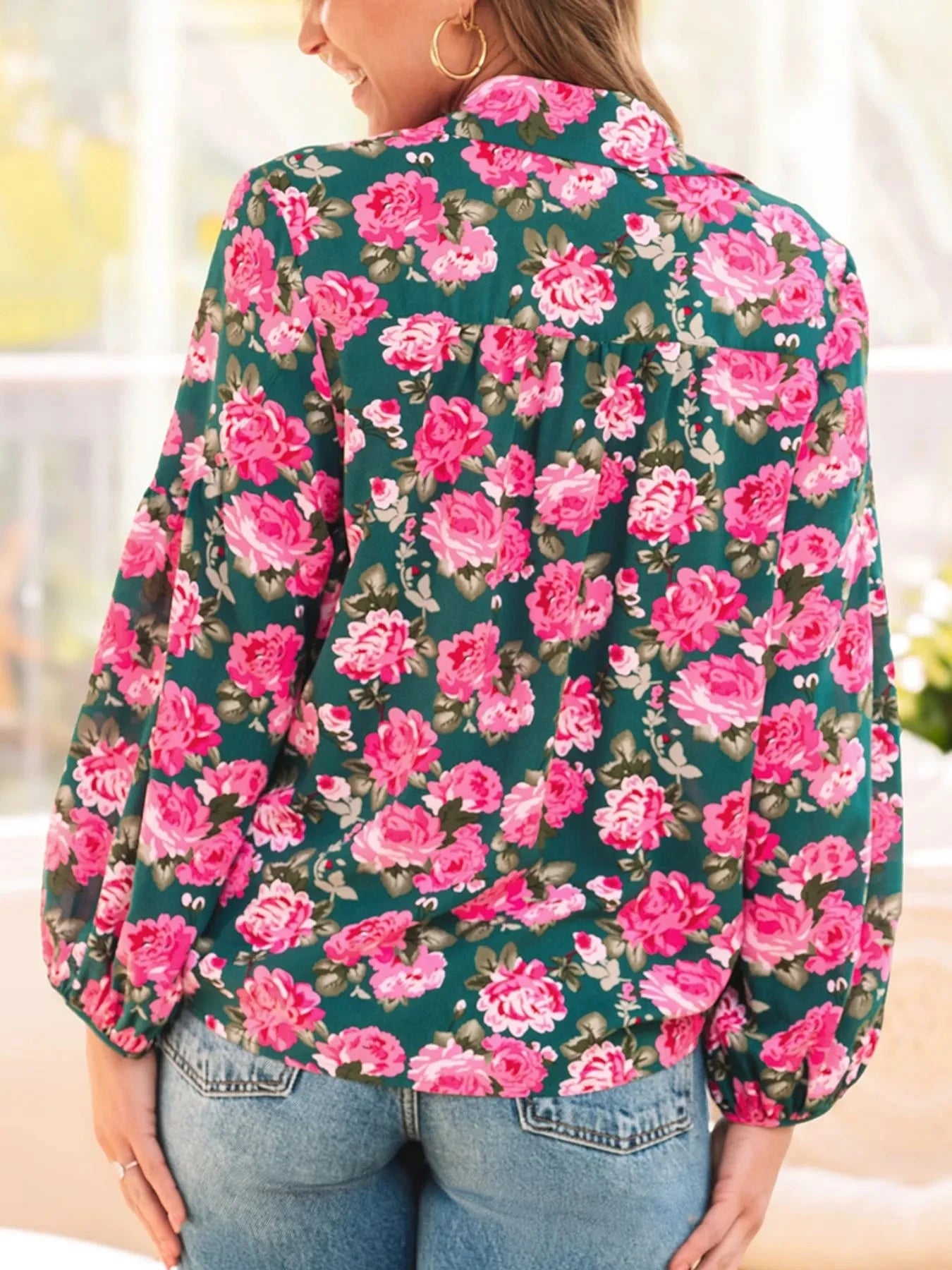 Floral Printed Tied Collar Puff Sleeve Blouse