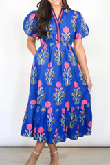 Floral Puff Short Sleeve Notched High Waist Dress