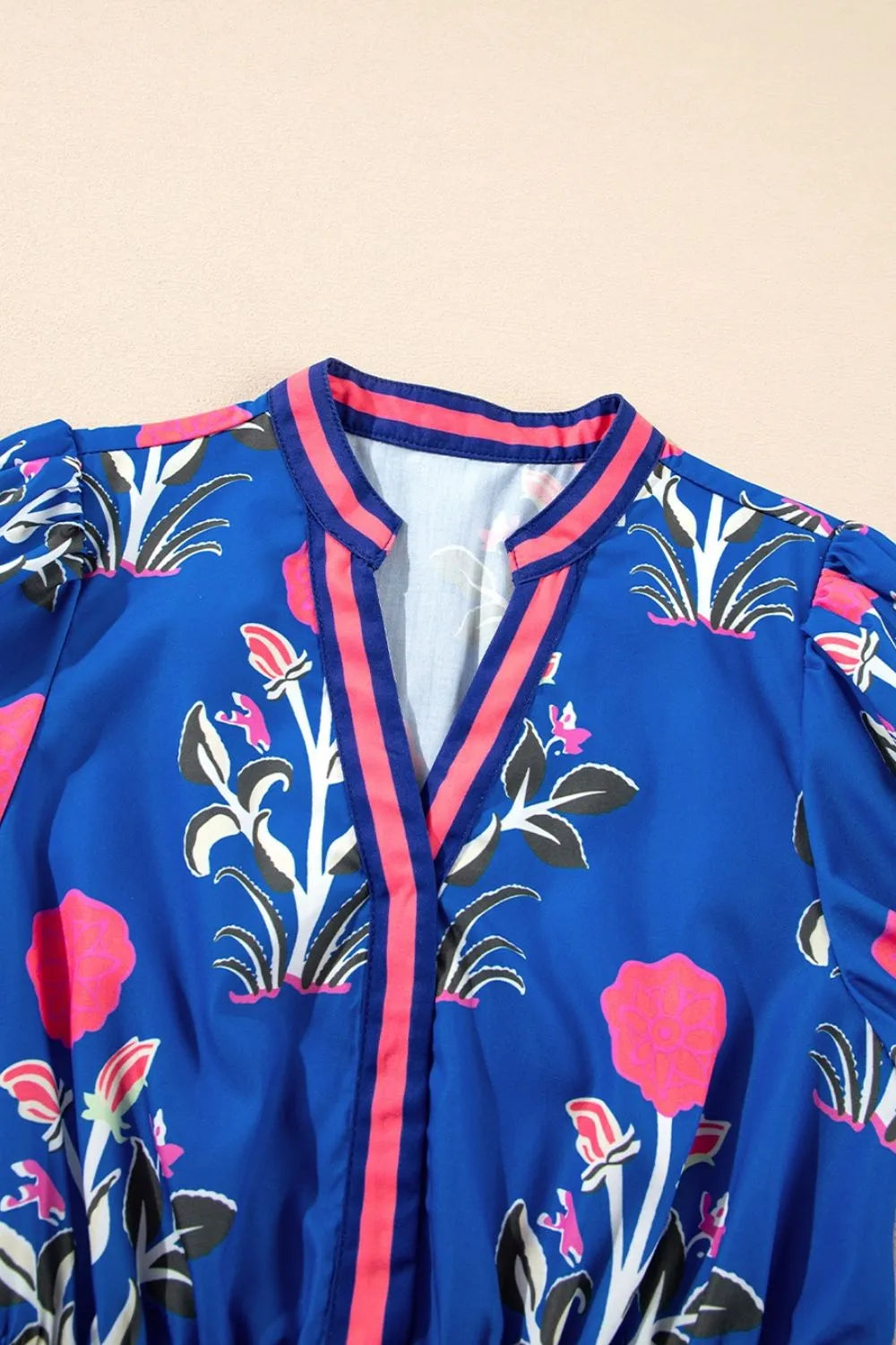 Floral Puff Short Sleeve Notched High Waist Dress