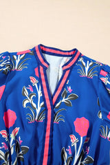 Floral Puff Short Sleeve Notched High Waist Dress