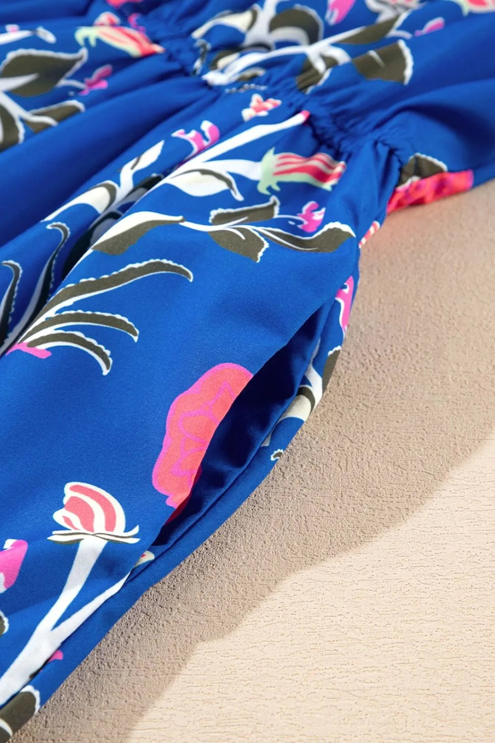 Floral Puff Short Sleeve Notched High Waist Dress