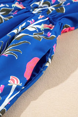 Floral Puff Short Sleeve Notched High Waist Dress