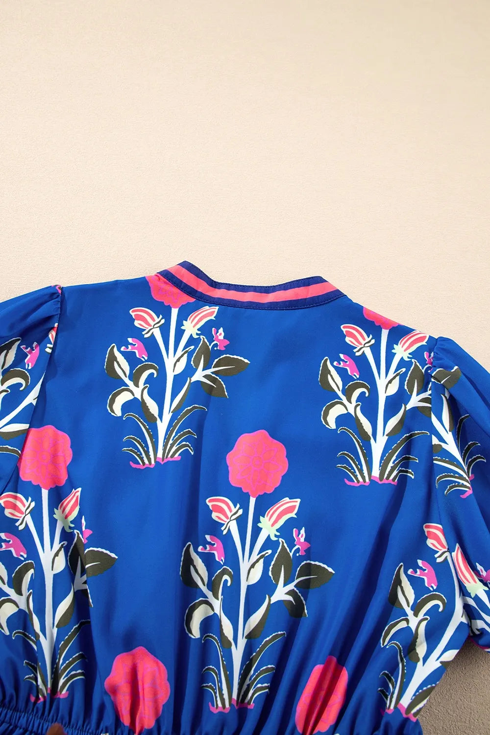 Floral Puff Short Sleeve Notched High Waist Dress