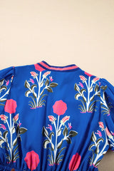 Floral Puff Short Sleeve Notched High Waist Dress