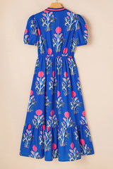 Floral Puff Short Sleeve Notched High Waist Dress