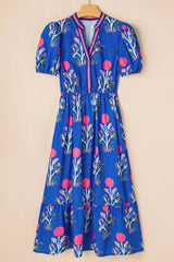 Floral Puff Short Sleeve Notched High Waist Dress