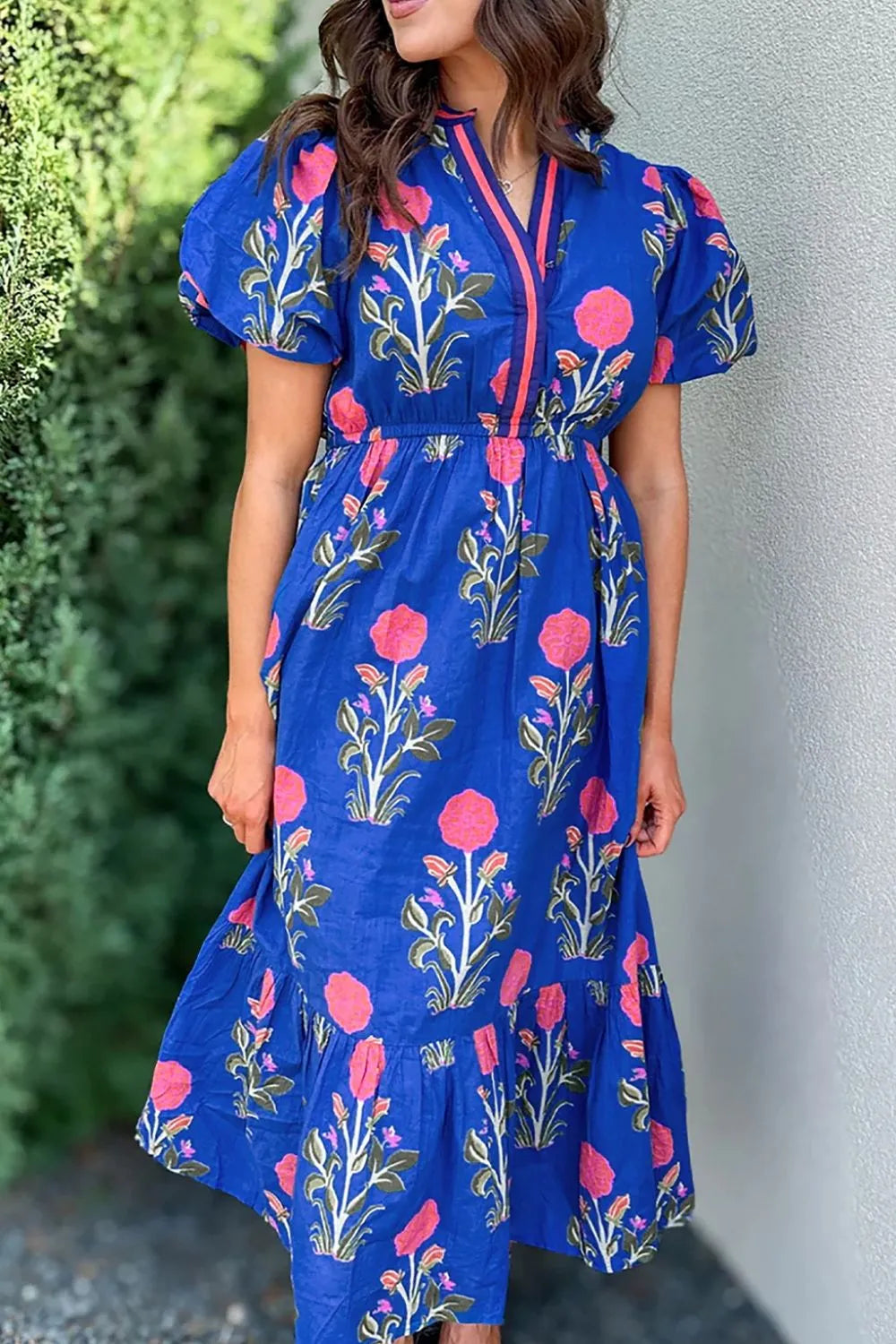 Floral Puff Short Sleeve Notched High Waist Dress Royal Blue / S
