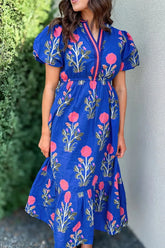 Floral Puff Short Sleeve Notched High Waist Dress Royal Blue / S