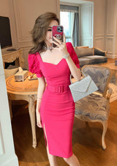 Floral Puff Sleeve Belted Midi Dress