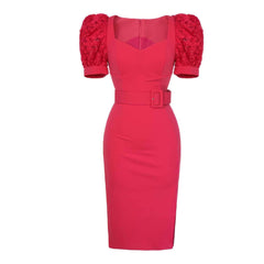 Floral Puff Sleeve Belted Midi Dress