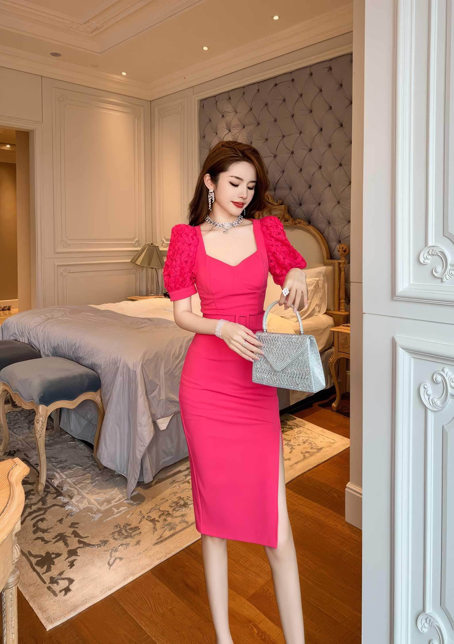 Floral Puff Sleeve Belted Midi Dress