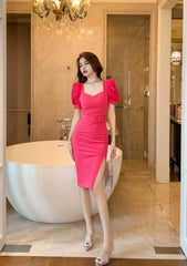 Floral Puff Sleeve Belted Midi Dress
