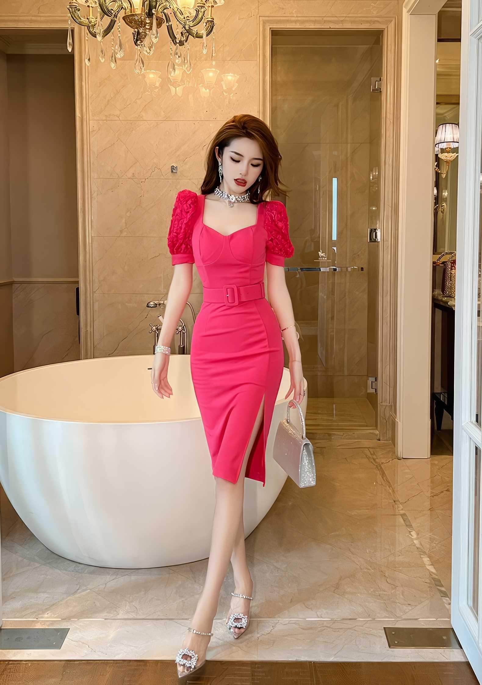 Floral Puff Sleeve Belted Midi Dress