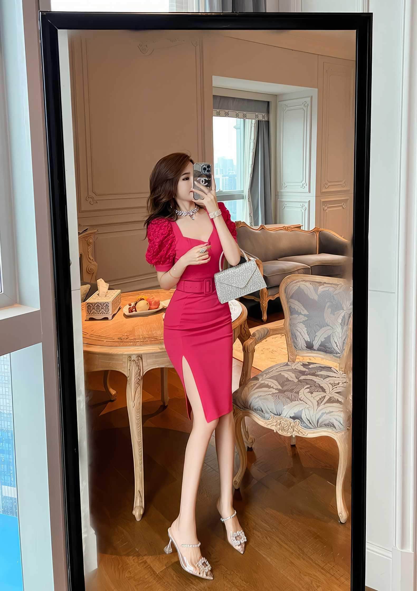 Floral Puff Sleeve Belted Midi Dress