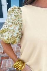 Floral Puff Sleeve Ribbed Blouse