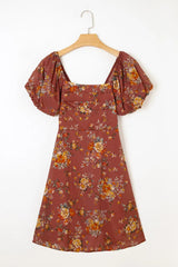 Floral Puff Sleeve Square Neck Knot Open Back Mini Dress