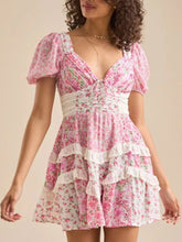 Floral Puff Sleeve Tiered Mini Dress A Pink / S